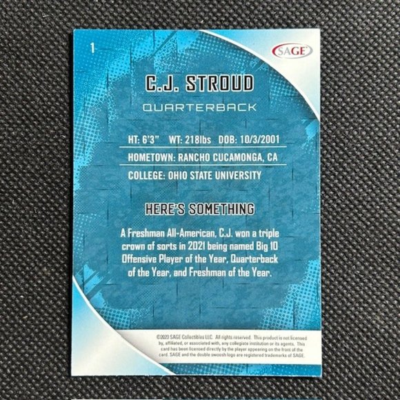 2023 Sage C.J. Stroud #1 RC Rookie Ohio State Buckeyes Houston Texans - Picture 2 of 2